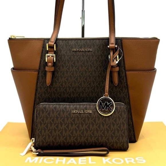 Michael Kors Large Charlotte Tote Bag & Continental Wallet Luggage Brown - Picture 2 of 13